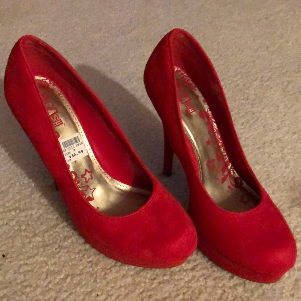BRASH RED SUEDE PLATFORM HEELS